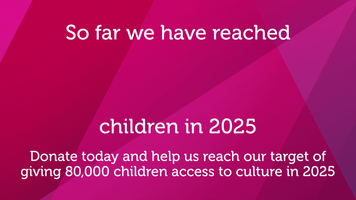An image with pink background and text that says "so far we have reached 35,841 children in 2025. Donate today and help us reach our target of giving 80,000 children access to culture in 2025".