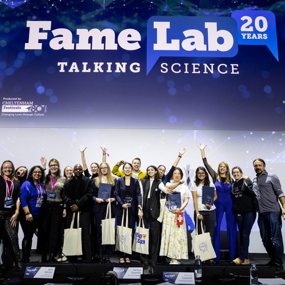 FameLab International Final 2025 contestants stood on-stage
