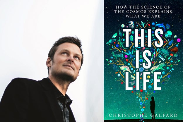A headshot of Christophe Galfard and the book jacket This is Life