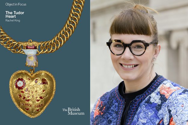 Book cover for The Tudor Heart by Rachel King alongside a headshot of Rachel King