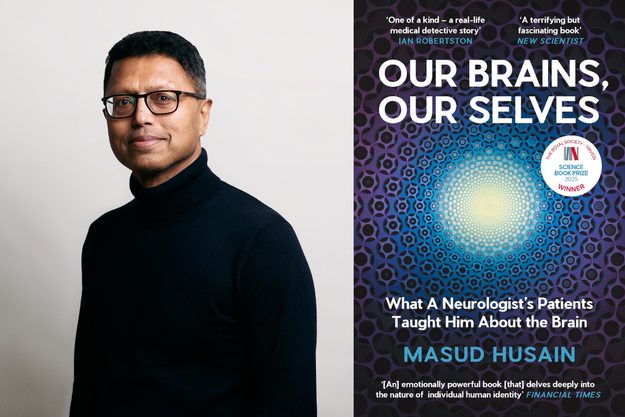 A composite of a headshot of Masud Husain and book jacket Our Brains Our Selves