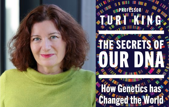 Turi King and the book jacket The Secrets of Our DNA