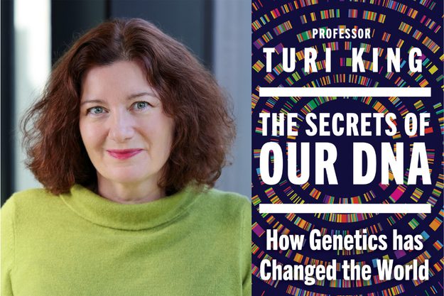 Turi King and the book jacket The Secrets of Our DNA