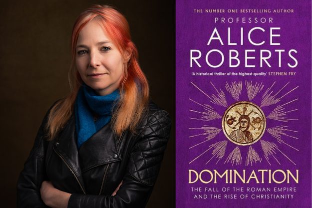 A composite of a headshot of Alice Roberts and her book jacket The Domination