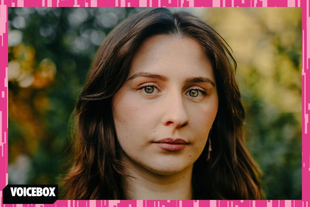 Adele Zeynep Walto headshot with a pink border and VOICEBOX logo