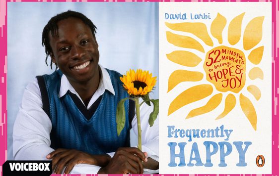 A composite of David Larbi and his book jacket Frequently Happy