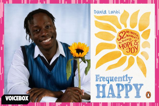 A composite of David Larbi and his book jacket Frequently Happy