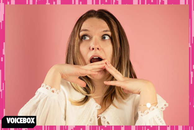 A headshot of Shirley Halse with a pink border and the VOICEBOX Logo