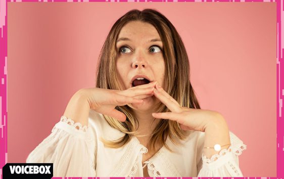 A headshot of Shirley Halse with a pink border and the VOICEBOX Logo