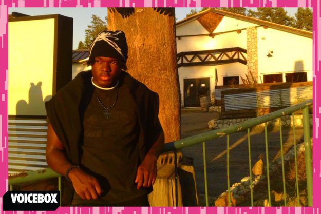 A shot of Lenzo leaning with a pink border and a VOICEBOX logo