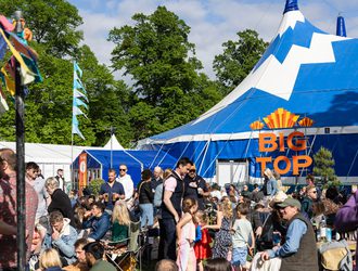 Crowd of festival-goers outside the Big Top at the Jazz Festival