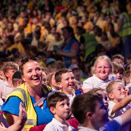 A crowd of school children laughing at Jazz Concert for Schools 2025
