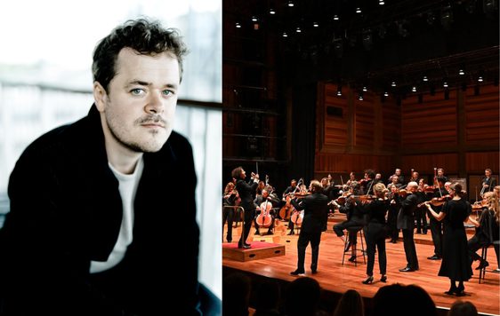 A composite image of Benjamin Grosvenor and Aurora Orchestra