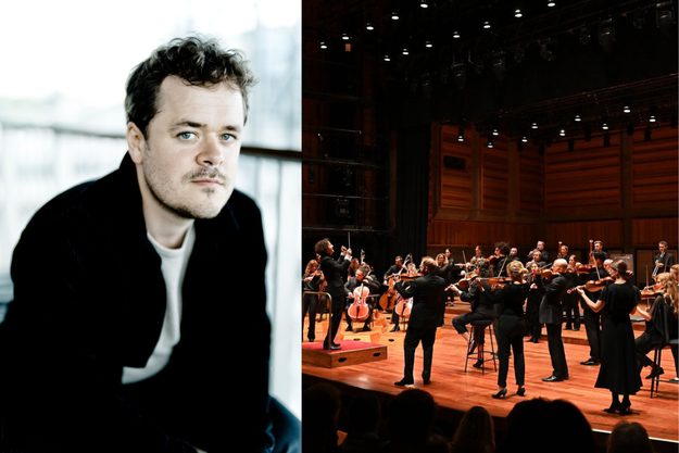 A composite image of Benjamin Grosvenor and Aurora Orchestra