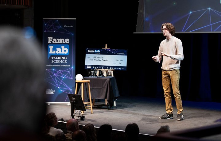 FameLab UK Finalist on stage