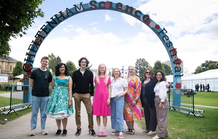 FameLab UK Finalists infront of Science Festival arch
