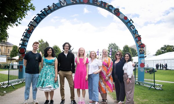 FameLab UK Finalists infront of Science Festival arch