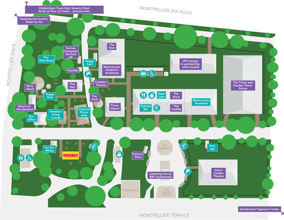 An illustrated map of Cheltenham Literature Festival