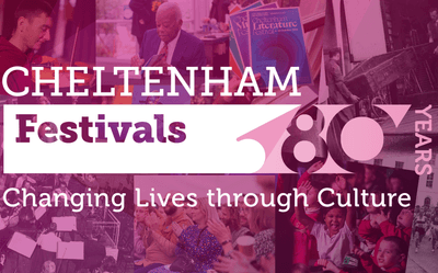A collage of images from Cheltenham Festivals events depicting musicians, concerts and school children with a pink tinged across the images and the logo which says Cheltenham Festivals 80 Years and the tagline Changing Lives through Culture underneath