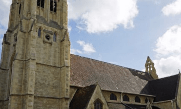 An external of St Gregory's Church, Cheltenham in the sun