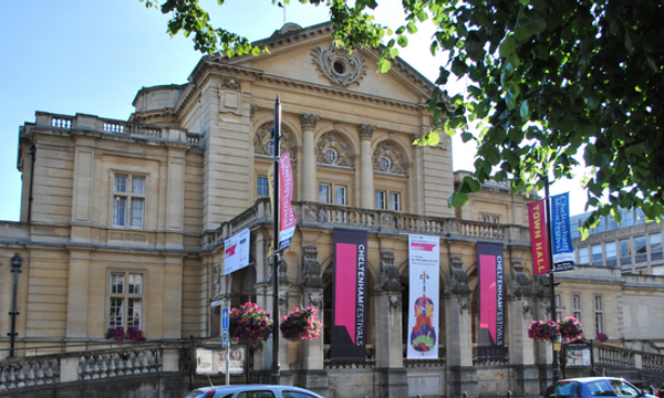 The exterior of Cheltenham Town Hall in the sun.